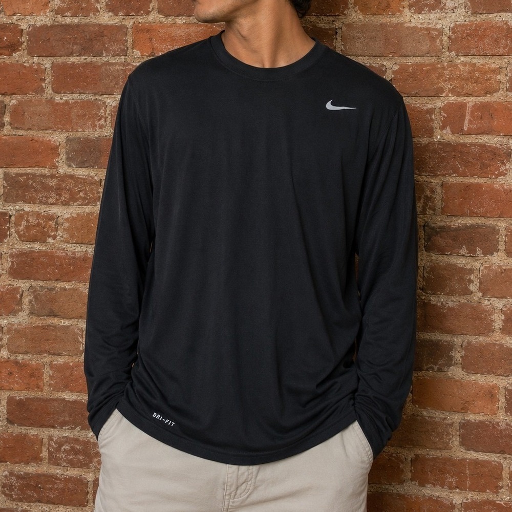 Nike Dri-FIT Mens Long Sleeve Shirt Black Performance Training‎ Top XL Gym Basic
